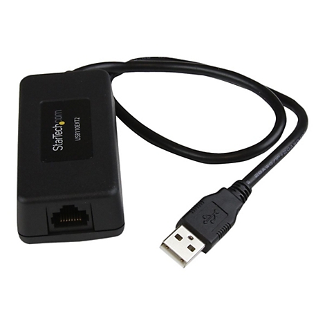 Schwarzer USB-Verlängerer mit RJ45-Anschluss, USB-Stecker und Kabel.