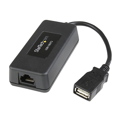 Schwarzer USB-zu-Ethernet-Adapter von StarTech mit USB- und RJ45-Anschlüssen. Der Adapter hat das Label USB110EXT2.