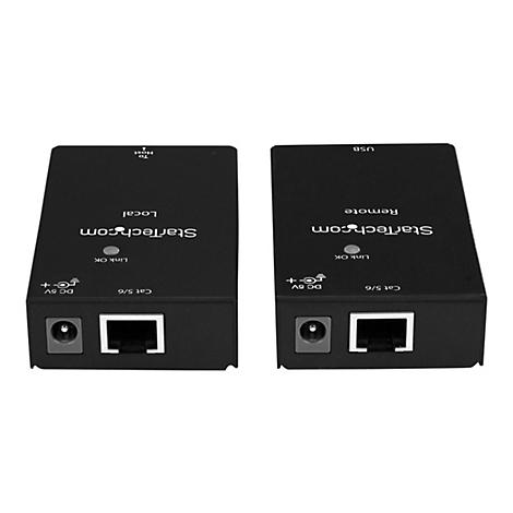 Zwei schwarze StarTech.com-Geräte mit Anschlüssen, Beschriftungen und einem weißen Hintergrund. Auf der einen Seite steht 'Local', auf der anderen 'Remote'.