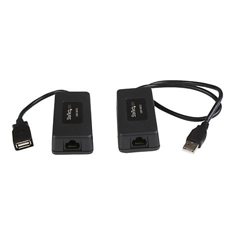 Zwei schwarze StarTech.com USB zu Ethernet Adapter mit Kabeln und Anschlüssen auf weißem Hintergrund.