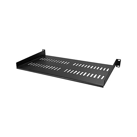 Eine schwarze, metallische Einschubfachplatte mit Lochungen, für den Einbau in einen 19-Zoll-Rack.