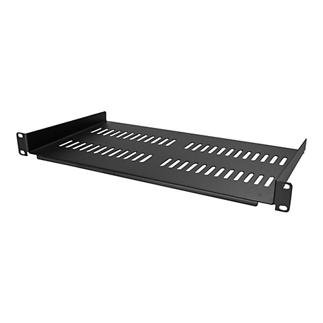 Schwarze Rack-Ablage mit Aussparungen. Sie hat an beiden Seiten Ohren zur Befestigung.