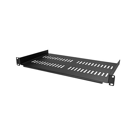 Schwarzes Rack-Fach mit Lochmuster. Links und rechts befinden sich Befestigungslöcher.