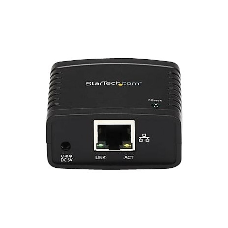 Schwarzer Netzwerkadapter mit StarTech.com Logo. Anschlüsse: Ethernet, DC 5V, Link- und Aktivitätsanzeige.