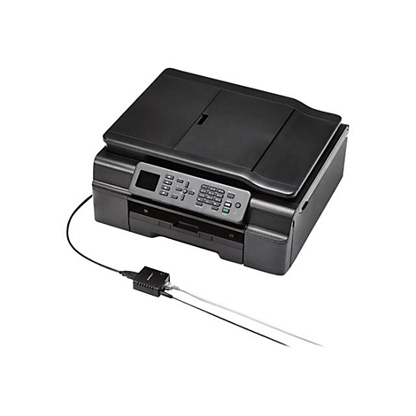 Schwarzer Multifunktionsdrucker mit Bedienelementen und angeschlossenen Kabeln, vor weiÃŸem Hintergrund.
