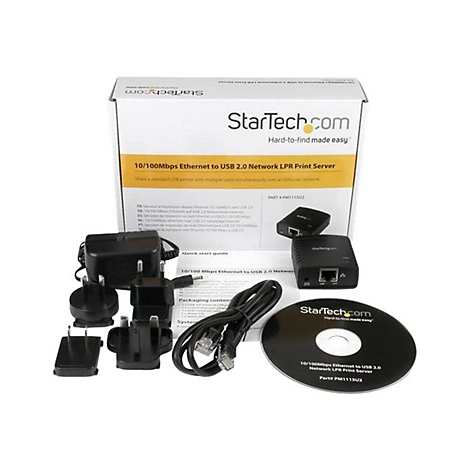 Produkt-Set mit Druckerserver, Netzteilen, Kabeln und einer CD, alles vor weiÃŸem Hintergrund.