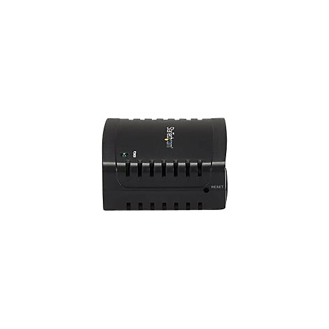 Schwarzer Netzwerkadapter mit grÃ¼ner LED, Power-Anzeige, Logo und Reset-Knopf.