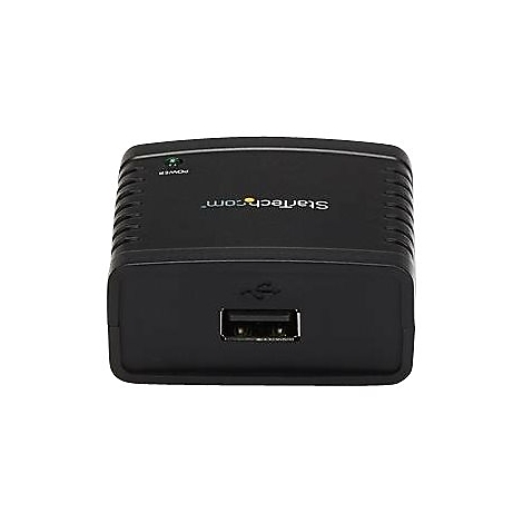 Schwarzes USB-Netzteil mit USB-Anschluss und StarTech.com-Logo. Eine grÃ¼ne LED zeigt den Betrieb an.