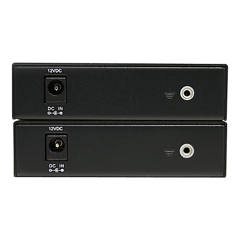 Zwei schwarze Geräte, übereinander angeordnet, mit Anschlüssen für Strom und Audio. Beschriftung: 12VDC, DC IN.