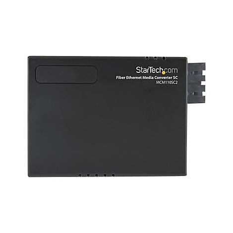 Schwarzer Fiber-Ethernet-Media-Konverter, StarTech.com. Text: Fiber Ethernet Media Converter SC MCM110SC2. Mit Anschluss auf der rechten Seite.