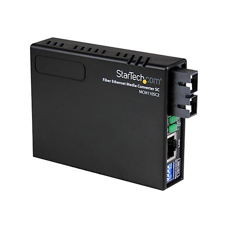 Schwarzer Fiber-Ethernet-Media-Konverter von StarTech.com. Er hat Anschlüsse für Netzwerkkabel.