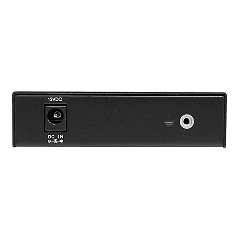 Schwarzes elektronisches Gerät, mit Anschlüssen für Strom und Audio.