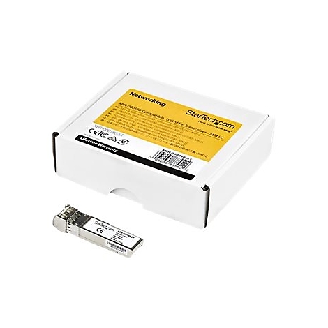 Ein weißer Karton mit Text und einem Transceiver, beides auf weißem Hintergrund.
