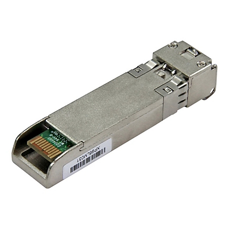 Ein graues SFP-Modul mit Aufkleber und elektronischen Komponenten.