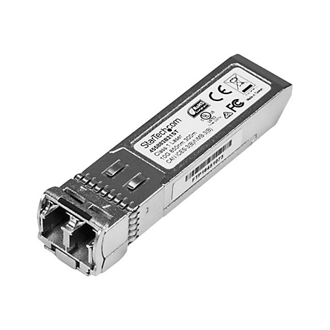Émetteur-récepteur réseau métallique sur fond blanc. Inscription : StarTech.com, 10G 850nm 300m, divers logos et certifications.