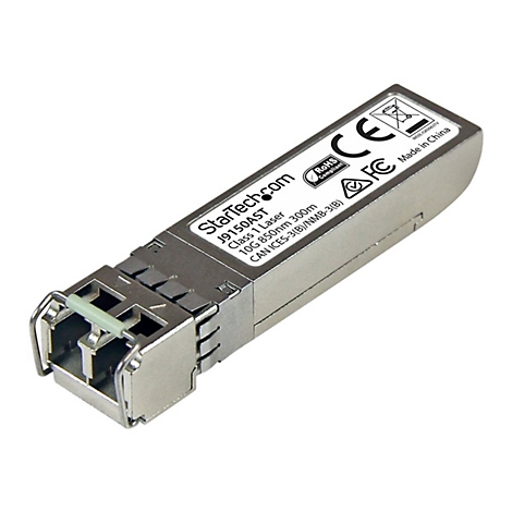Ein silberner StarTech.com-Transceiver für Netzwerktechnik. Details wie Schriftzüge und Logos sind erkennbar.