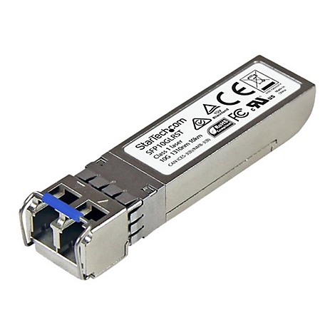 Ein silberner SFP Transceiver von StarTech.com. Er hat einen blauen Bügel, und weiße Beschriftungen.