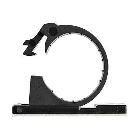 Collier de serrage noir détaillé sur fond blanc. Forme arrondie avec ouverture et élément de fixation.