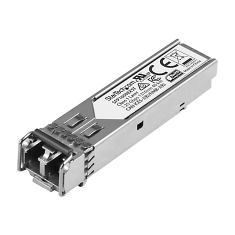 Ein silbernes Netzwerkmodul mit Beschriftung, StarTech.com und technischen Daten. Made in China.