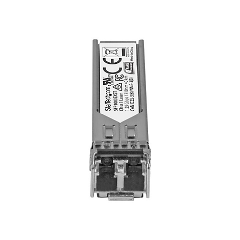 Ein graues SFP-Modul, das Details wie das StarTech.com Logo und technische Daten zeigt.