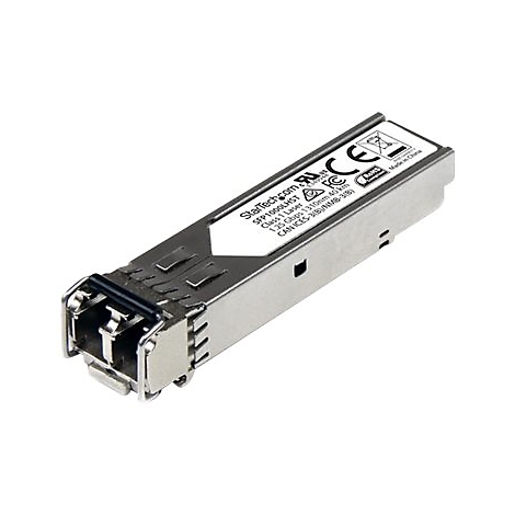 Ein silberner SFP-Transceiver vor weißem Hintergrund. Aufschrift: StarTech.com, SFP1000LHST.