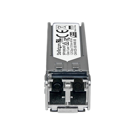 Ein silberfarbener SFP-Transceiver mit verschiedenen Kennzeichnungen, u.a. StarTech.com und technische Details.