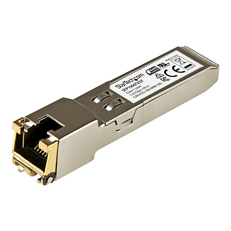 Metallfarbener SFP-Transceiver mit Goldkontakten, Beschriftung mit technischen Daten. Kennzeichnungen: CE, RoHS, US-Zertifizierung.