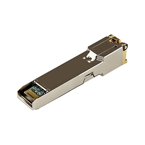 Ein silberner Netzwerkstecker mit goldfarbenen Kontakten und einer kleinen grünen Platine.