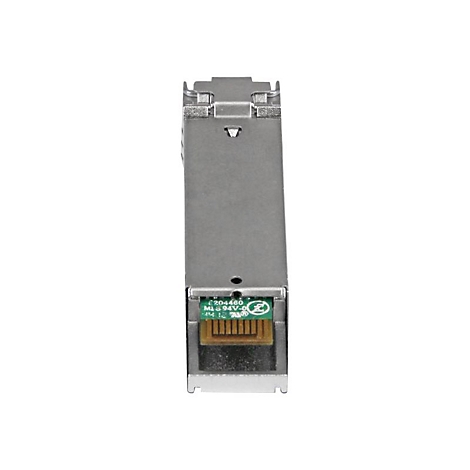 Metallfarbenes elektronisches Bauteil mit grünem Print, Text: E204480 M1 S 94V-0.