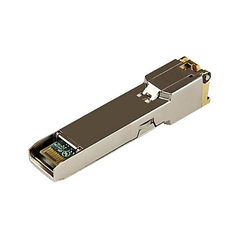Ein silberner SFP-Transceiver, einsteckbar mit kleiner Platine. Goldfarbene und metallfarbene Details.