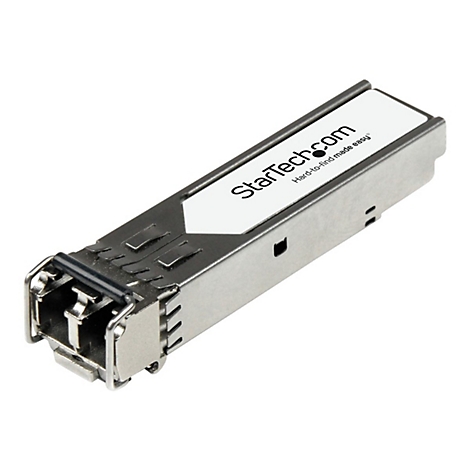 Ein silberner SFP-Transceiver mit weißem Etikett und dem Logo von StarTech.com.