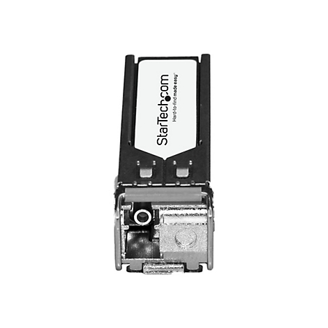 Ein schwarzes SFP-Modul mit weißem StarTech.com-Logo. Aufschrift: Hard-to-find made easy.