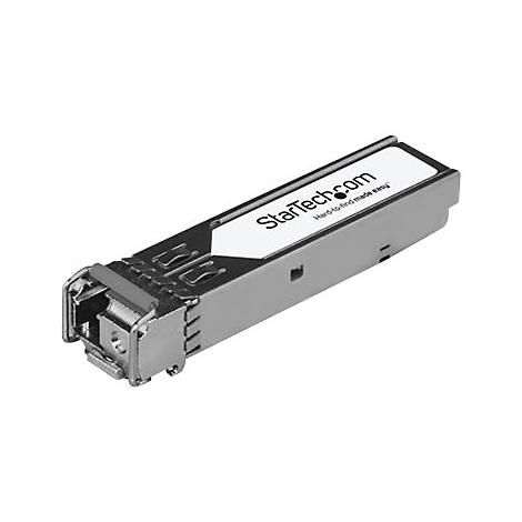 Ein silberner SFP-Transceiver. Oben befindet sich ein weißes Etikett mit StarTech.com und Hard-to-find made easy.