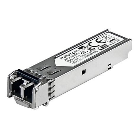 Ein silberner SFP-Transceiver, beschriftet mit StarTech.com und technischen Daten. Mit RoHS-Zertifizierung und "Made in China" Aufdruck.