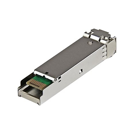 Ein silbernes Netzwerkmodul mit grünem Steckverbinder. Das Gehäuse ist rechteckig und metallisch.