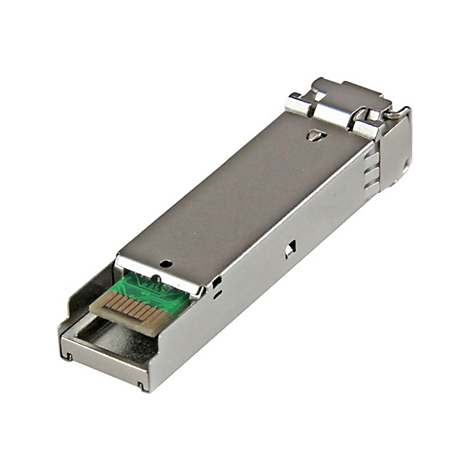 Metallfarbener SFP Transceiver, mit grünem Leiterplatten-Anschluss.