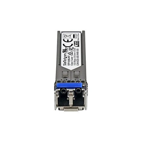 Ein SFP-Modul mit Aufschrift Startech.com, blauer Halterung, technischen Daten und Zertifizierungen.