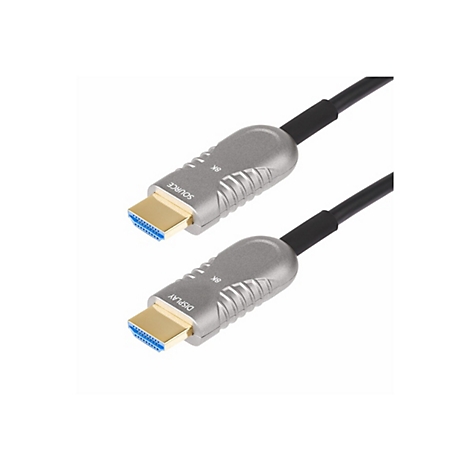 Deux câbles HDMI avec des boîtiers métalliques gris et des câbles noirs. L'un porte la mention "SOURCE", l'autre "DISPLAY".