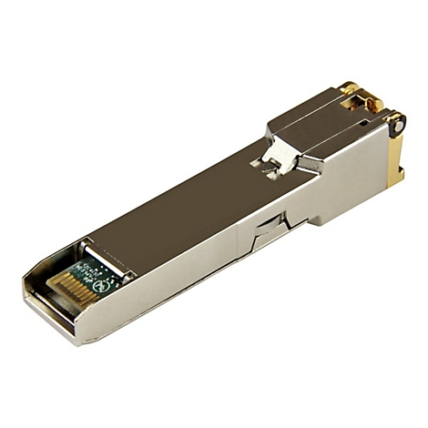 Metallfarbener Netzwerkadapter, mit grünem Chip im Gehäuse. Auf weißem Hintergrund.