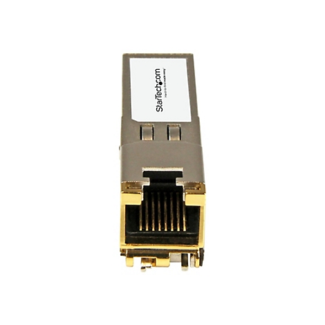 Ein Metall-Netzwerkmodul mit goldfarbenen Anschlüssen und dem Logo von StarTech.com.