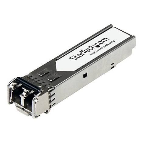 Ein silbernes Netzwerkmodul mit weißem Label und StarTech.com Logo. "Hard-to-find made easy" steht darunter.