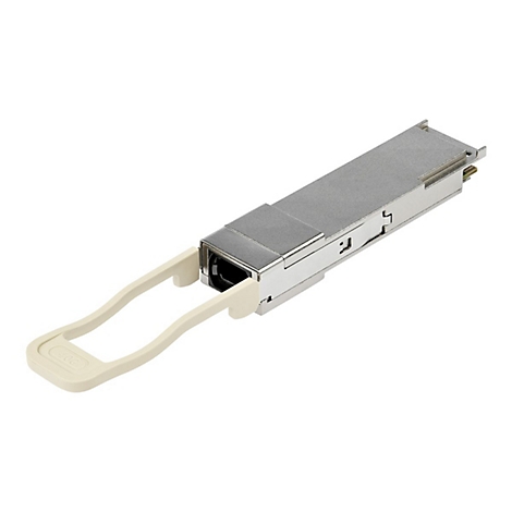 Ein silberner Netzwerkadapter mit hellbeigem Hebel auf weißem Hintergrund.