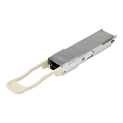 Ein silbernes Netzwerkmodul mit beigefarbenem Bügel, 40G-Schriftzug.