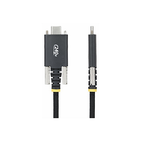 USB-C-Kabel mit dem Aufdruck "240W". Schwarzes Kabel, USB-C-Anschlüsse und Details in Silber und Gelb.