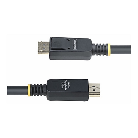 Deux câbles DisplayPort noirs avec des accents jaunes et des connecteurs sur fond blanc.