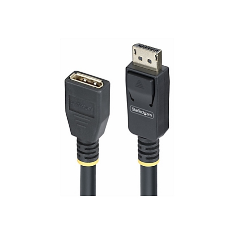 Deux câbles DisplayPort noirs avec des fiches aux deux extrémités. Une fiche a un mécanisme de verrouillage.