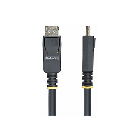 Câble DisplayPort noir avec des fiches aux deux extrémités. Une fiche porte l'inscription "StarTech.com".