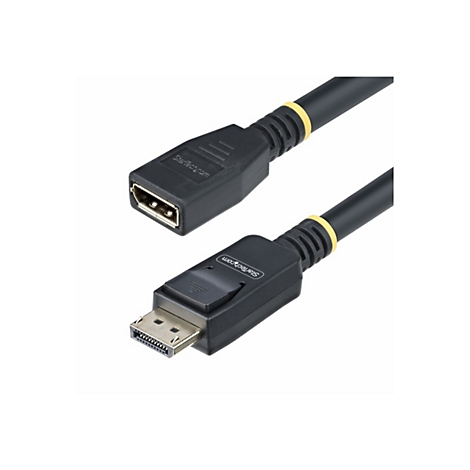 Un câble DisplayPort noir vers HDMI. Les deux extrémités sont présentées en détail, y compris le logo de l'entreprise.