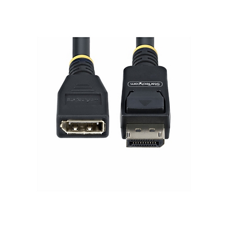 Deux câbles DisplayPort noirs avec des accents jaunes, posés côte à côte sur un fond blanc. Les logos StarTech.com sont visibles sur les connecteurs.