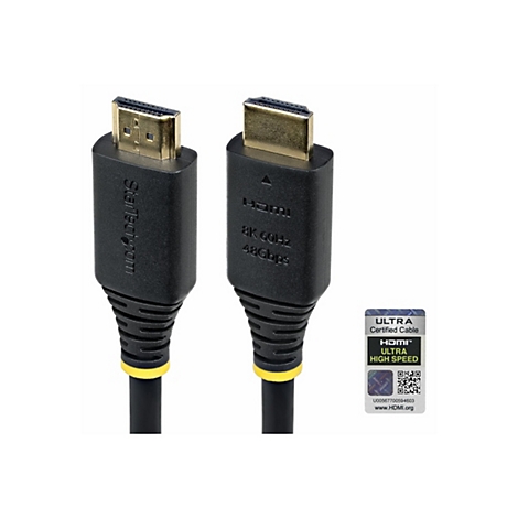 Deux câbles HDMI noirs avec des connecteurs dorés. Sur l'un des câbles, on peut lire "Startech.com" et sur l'autre, "8K 60Hz 48Gbps".